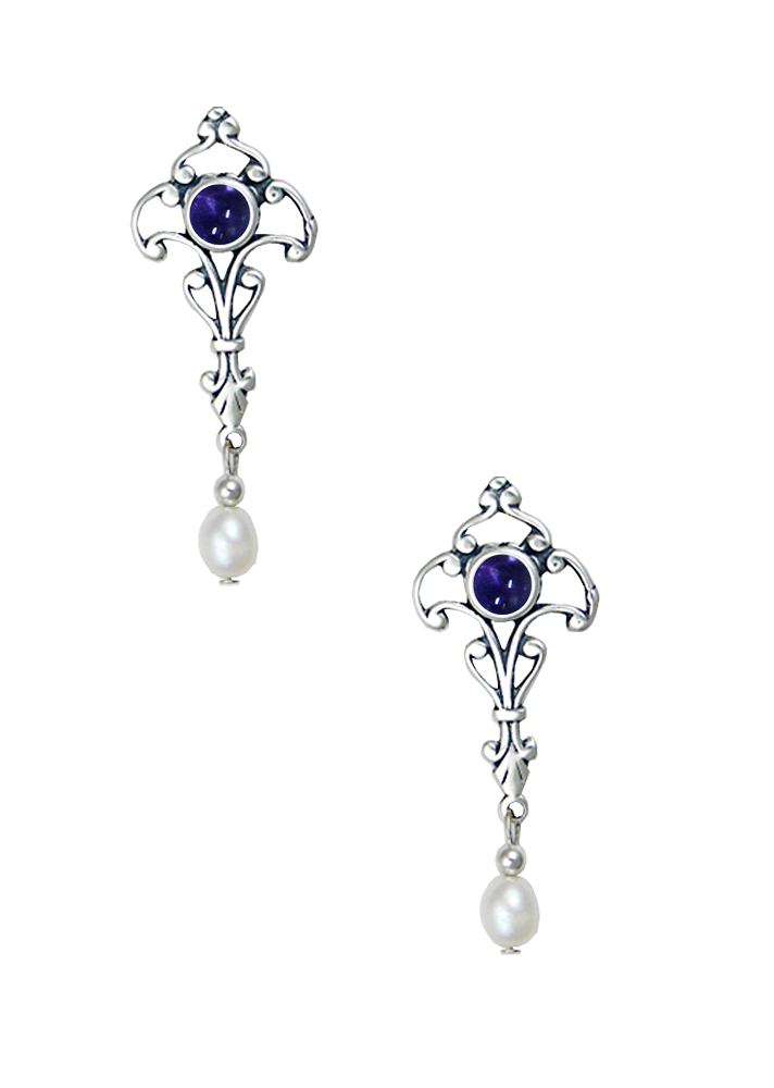 Sterling Silver Romantic Victorian Drop Dangle Earrings With Iolite
